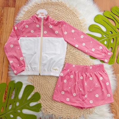 Conj. Jaqueta e Short Saia Florzinhas - Rosa e Branco